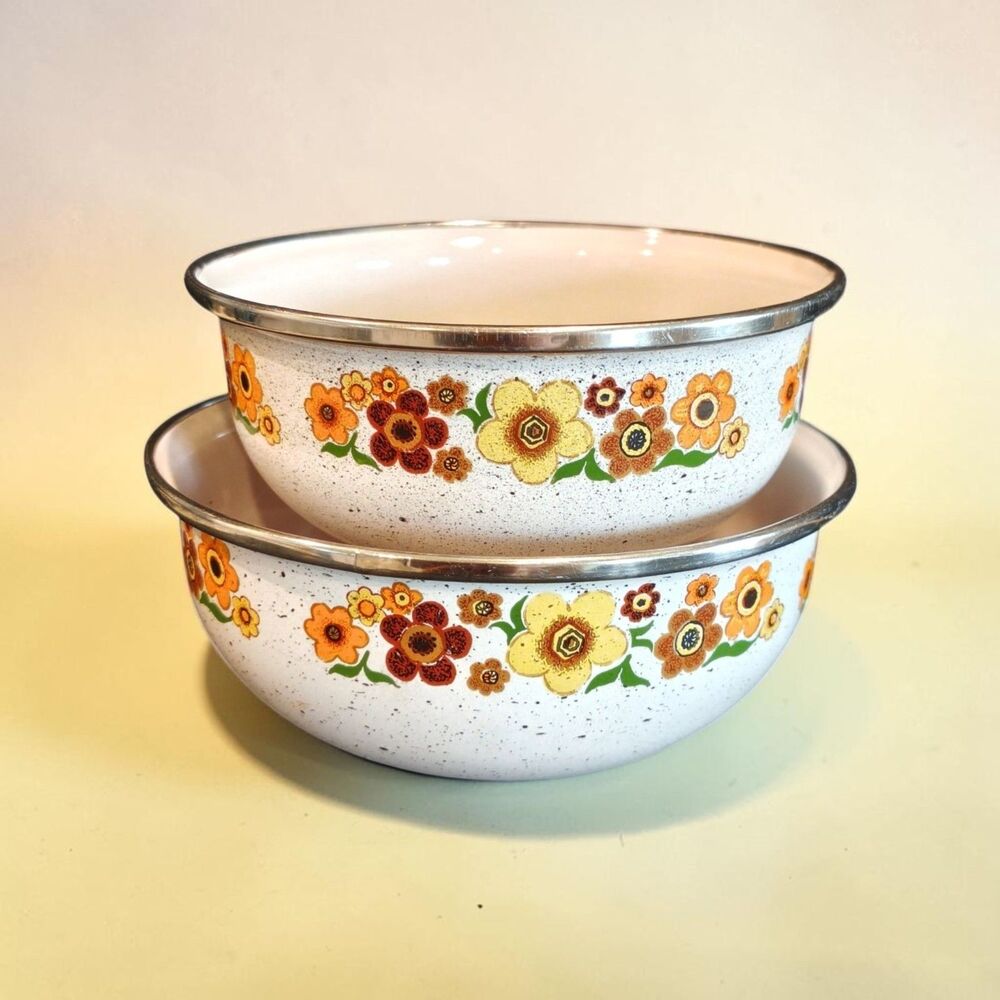 2 MCM Vintage Crowning Touch Nesting Enamel Bowls Harvest Blossom 1970s